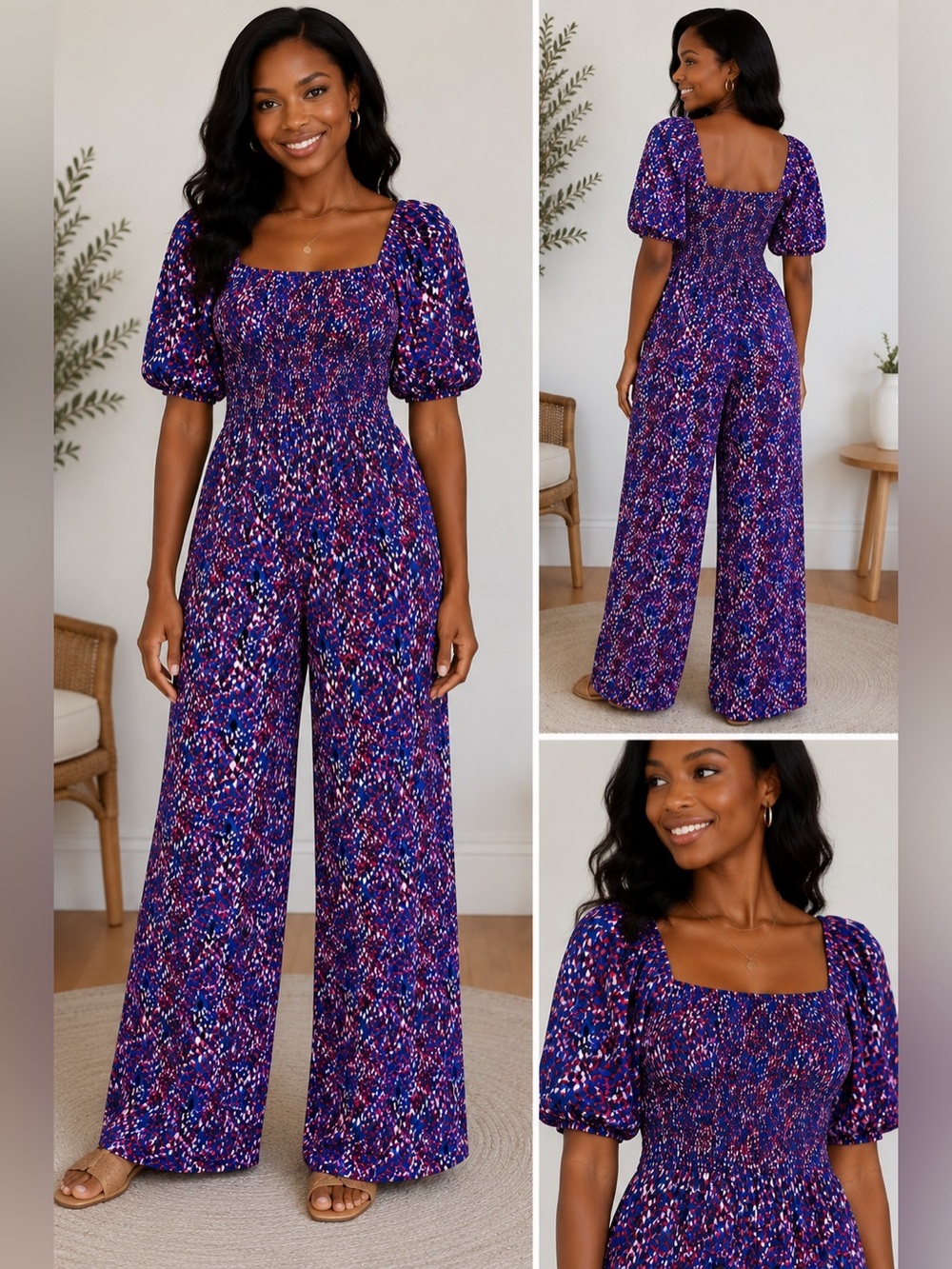 Royal Blue & Pink Smocked Puff Sleeve Wide Leg Jumpsuit